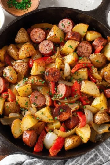 Plate of smoked sausage and potatoes garnished with herbs