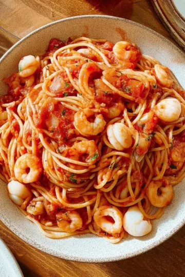A plate of spicy seafood pasta featuring shrimp, mussels, and herbs.