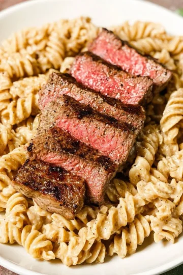 Plate of Steak Pasta Alfredo with tender steak and creamy sauce