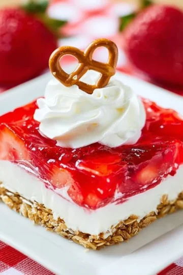 Strawberry Pretzel Salad with vibrant strawberries and crunchy pretzel crust