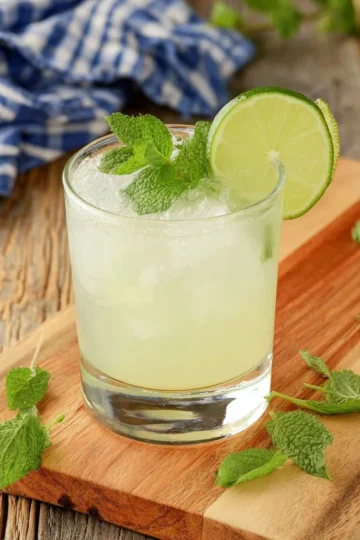 A refreshing mojito cocktail garnished with mint and lime.