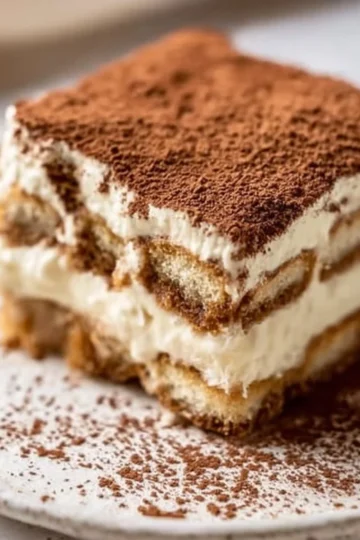 Delicious tiramisu dessert layered with coffee, mascarpone, and cocoa powder
