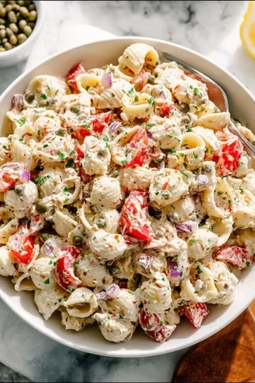 Delicious tuna pasta salad with mixed vegetables and dressing