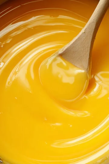Delicious 5 ingredient lemon curd in a glass jar on a wooden table