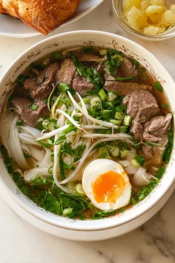 Bowl of authentic Vietnamese beef pho with herbs and noodles