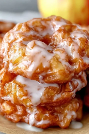 Baked apple fritters on a plate, drizzled with glaze and sprinkled with cinnamon.