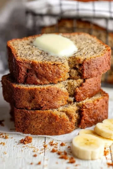 Delicious homemade Banana Nut Bread with walnuts on a wooden table