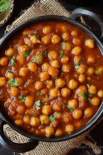 A bowl of flavorful chickpea curry served with rice and herbs