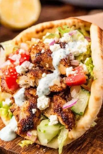 Delicious homemade easy chicken shawarma served with pita and salad.