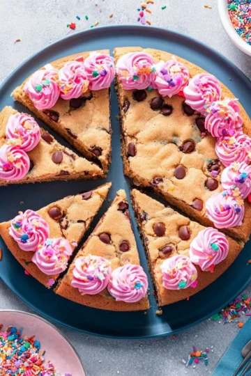 Delicious easy chocolate chip cookie cake fresh out of the oven