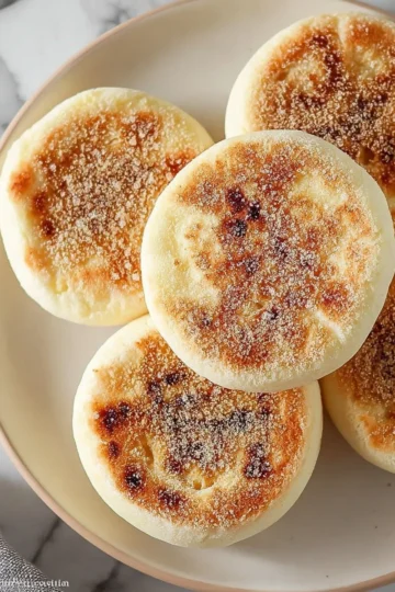 Freshly baked homemade English muffins on a wooden table