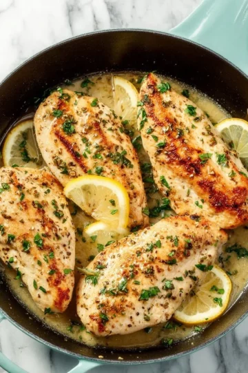 Plate of easy lemon chicken garnished with fresh herbs