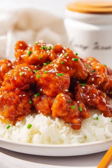 Plate of easy sesame chicken garnished with sesame seeds and green onions.