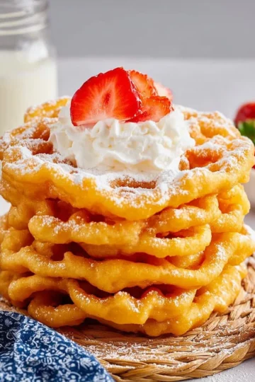 Delicious homemade funnel cake dusted with powdered sugar