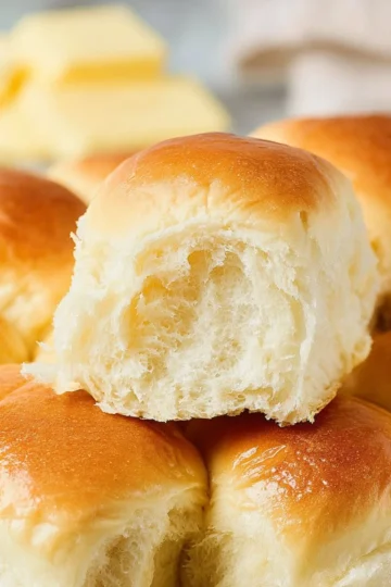 Freshly baked homemade dinner rolls on a wooden table