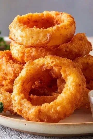 Crispy homemade onion rings served on a plate with a dipping sauce.