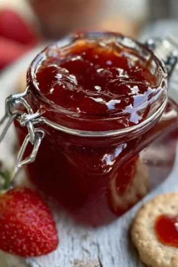 Jar of homemade strawberry jam with fresh strawberries and bread