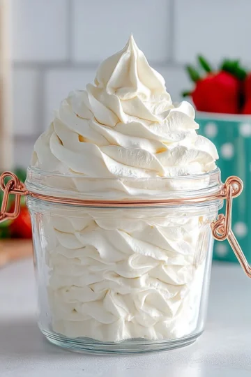 A bowl of homemade whipped cream, fluffy and ready to top desserts.