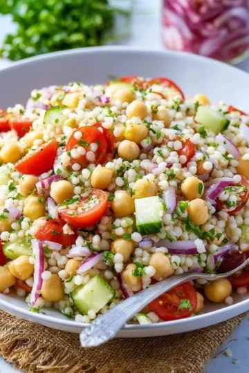 Colorful Mediterranean Couscous Salad with fresh vegetables and herbs
