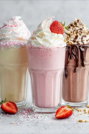 Creamy and tempting milkshake in a glass, topped with whipped cream and a cherry