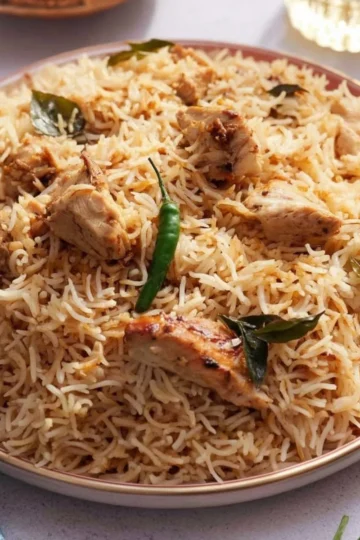Colorful bowl of one-pot chicken pilaf with vegetables and spices