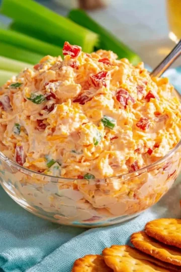 A bowl of homemade pimento cheese with crackers and vegetables for dipping.