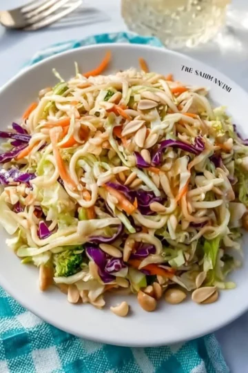 A colorful bowl of Ramen Noodle Salad featuring fresh vegetables and dressing.