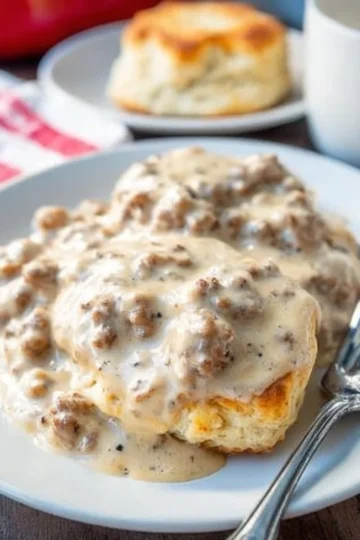 Delicious sausage gravy served over freshly baked biscuits.