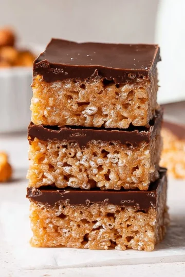 Homemade Scotcheroos bars topped with chocolate and peanut butter