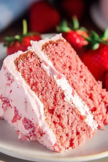 Delicious homemade strawberry cake decorated with fresh strawberries and cream