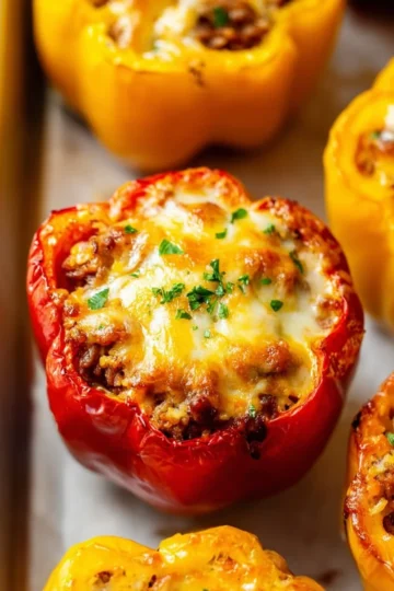 Colorful stuffed bell peppers filled with savory ingredients ready to be served.