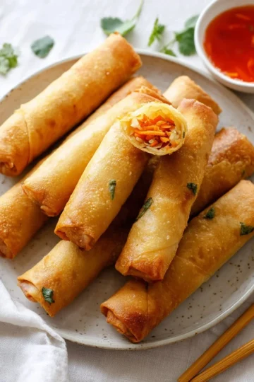 Plate of freshly made vegetable spring rolls with dipping sauce