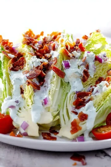 Delicious Wedge Salad with crisp lettuce, blue cheese, and bacon bits