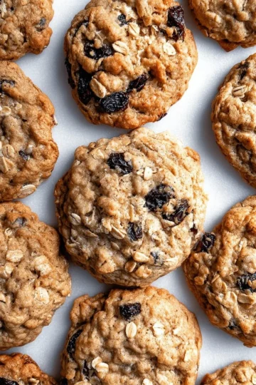 Freshly baked classic oatmeal raisin cookies on a wooden table