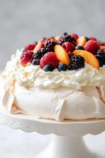 Delicious classic Pavlova topped with fresh fruits and whipped cream