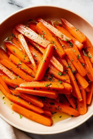 Dish of easy glazed carrots garnished with herbs