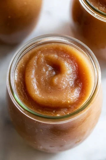 Jar of homemade stovetop cinnamon apple butter with fresh apples and cinnamon sticks.