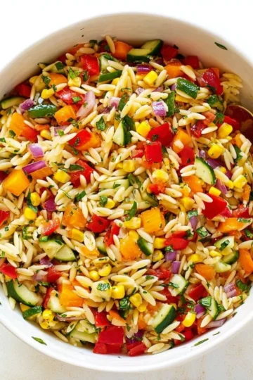 Colorful Summer Orzo Pasta Salad with fresh veggies and herbs