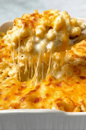 Bowl of Tini's creamy macaroni and cheese topped with breadcrumbs